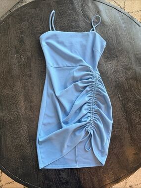 Windsor Light Blue Ruched Spaghetti Strap Mini Dress
